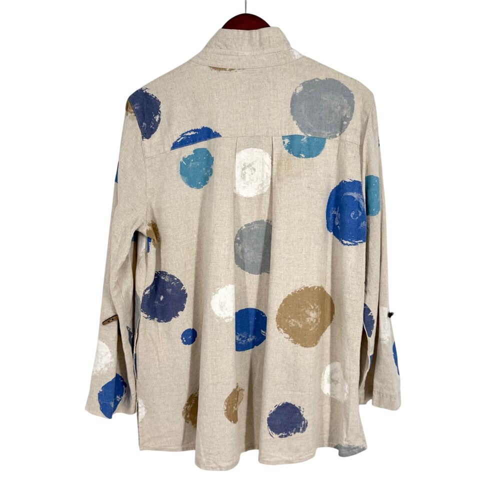 Ali Miles Sz Medium LINEN BLEND Blue Beige Wearable Art Beach Blouse Shirt Top - Picture 12 of 13